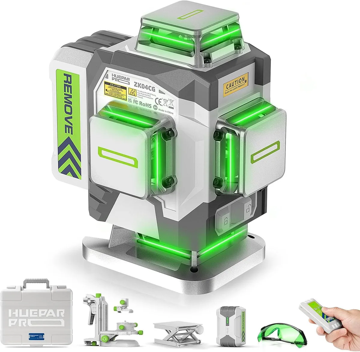 WUQ WUQ 4x360° Green Cross Line Laser Level 360 Self Leveling Magnetic Bracket Remote Control 8000mAh Battery — product photo