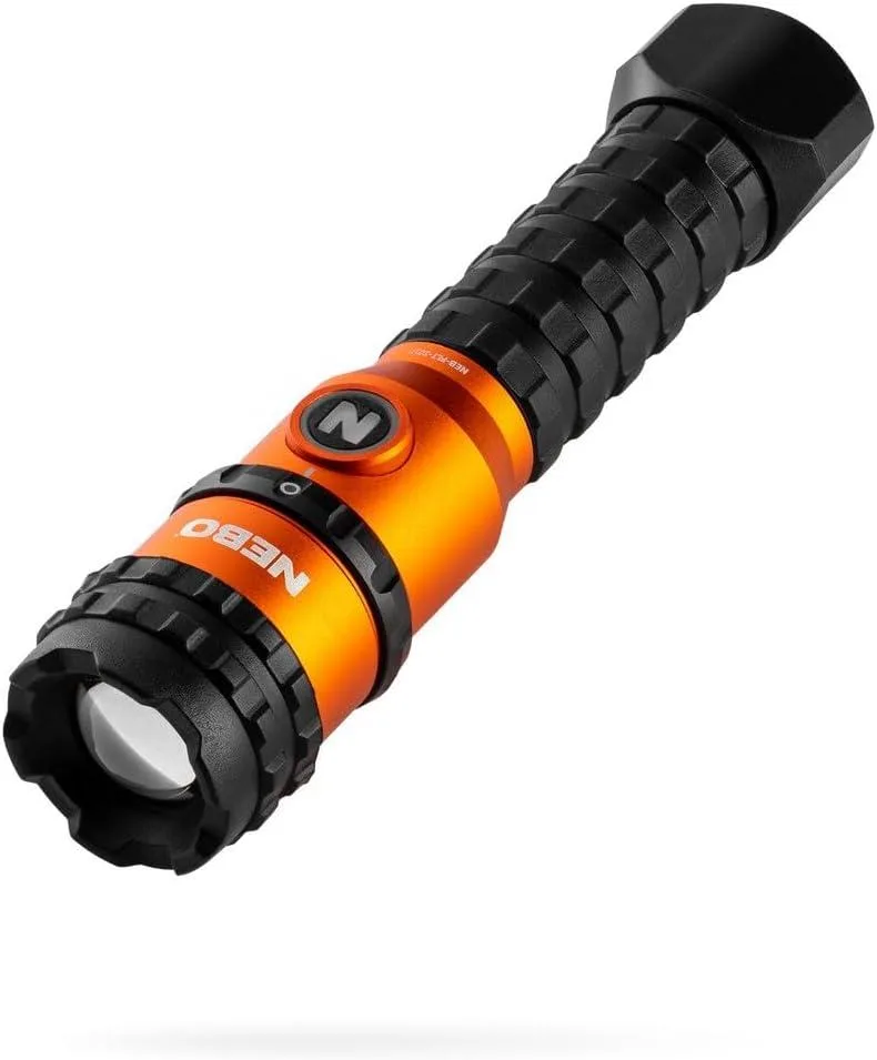Orange and black aluminium flashlight with magnetic base and pocket clip