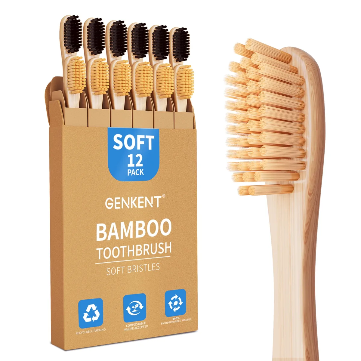 Twelve bamboo toothbrushes with charcoal bristles in recyclable boxes