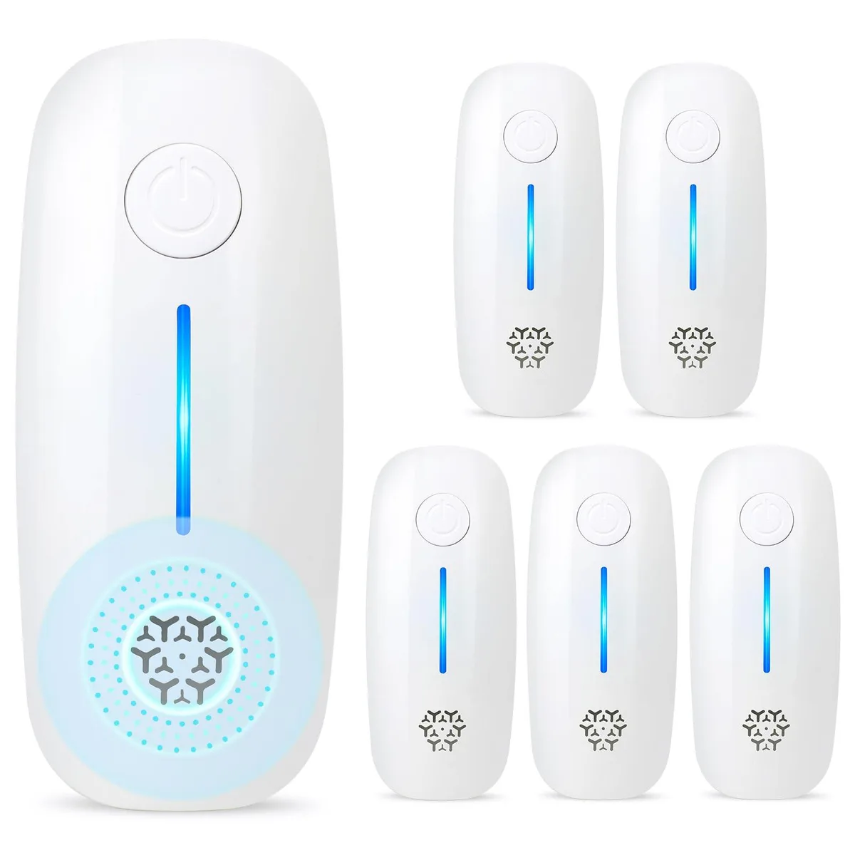 Six white plug-in pest repellers with blue indicator lights