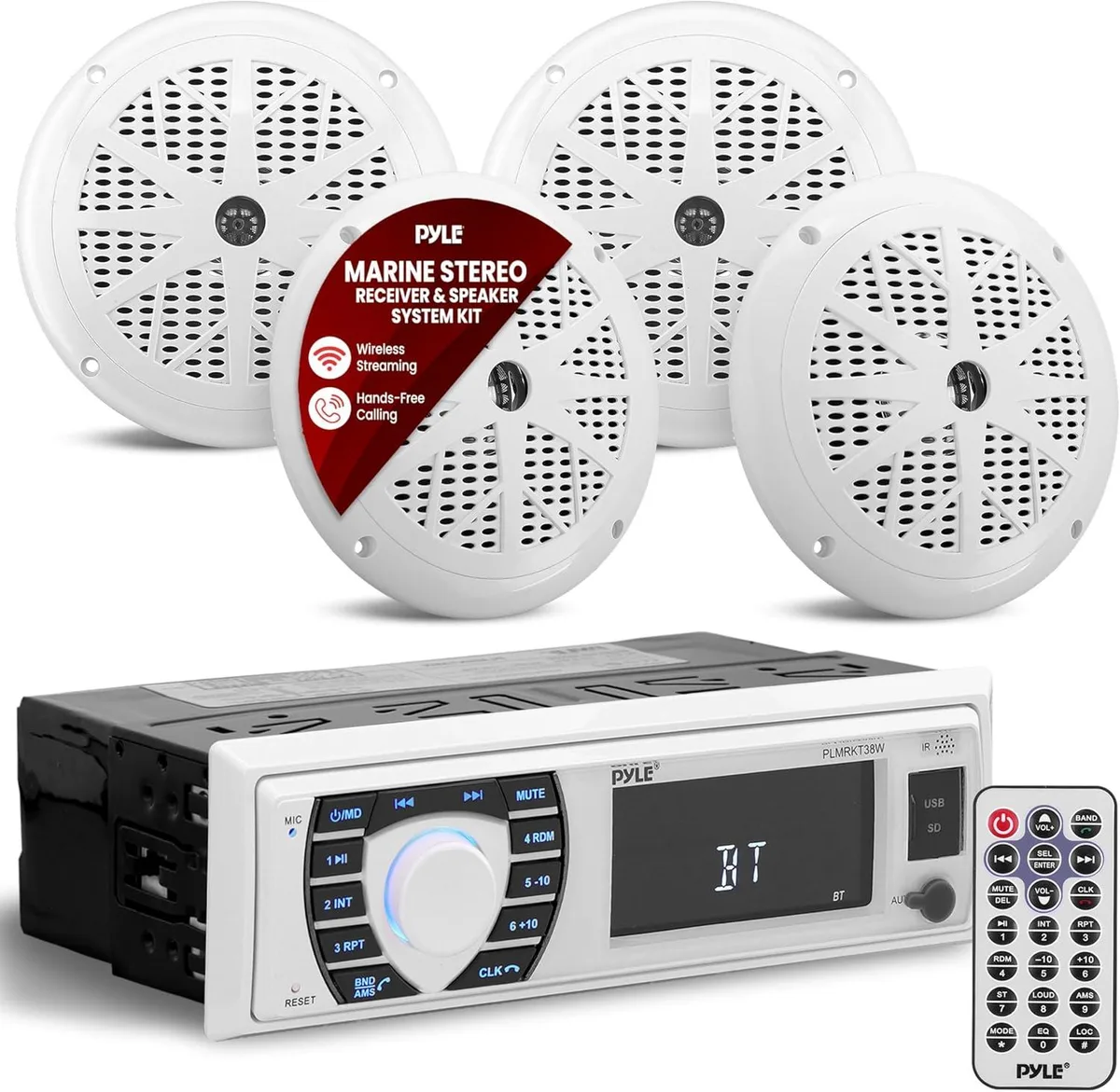 WUQ WUQ PLMRKT38W Marine Electronic 12V Single DIN Receiver 4×6.5″ 120W Speakers Bluetooth — product photo