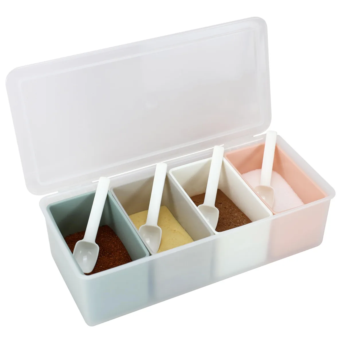 Clear rectangular seasoning box with four grid compartments, integral flip lid and four spoons