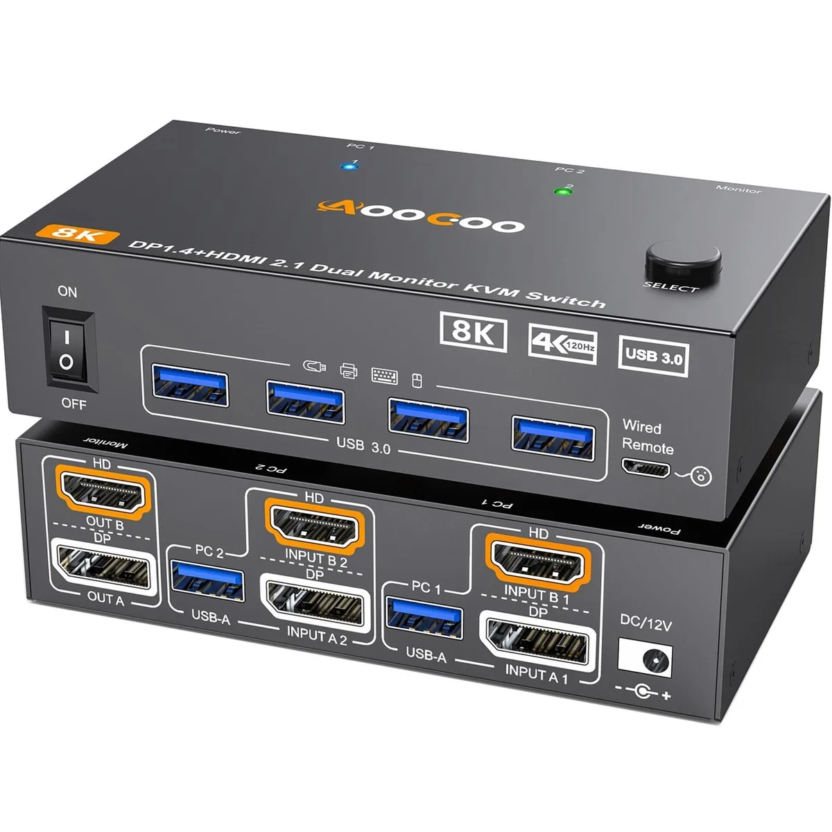 Adafruit Adafruit Dual Monitor KVM Switch HDMI DP 4K 144Hz 4 USB 3.0 2 PC — product photo