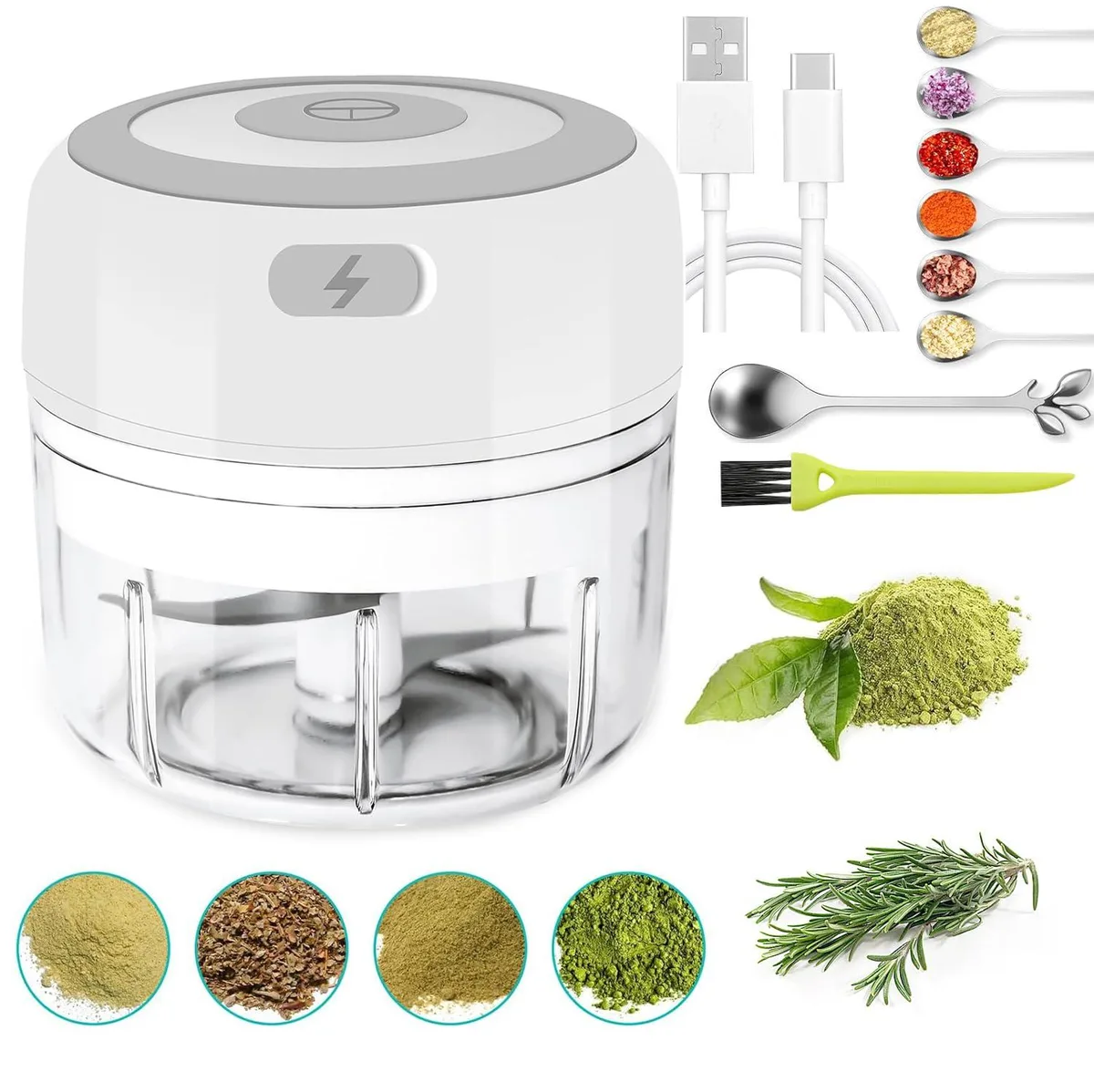 White cordless herb grinder with transparent cup and USB-C port, 3.5 inches wide