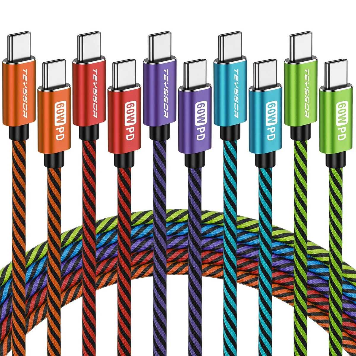  Teyssor Teyssor-USB-C-to-USB-C-6FT USB-C cable 6 ft 5-pack 60W 480 Mbps — product photo