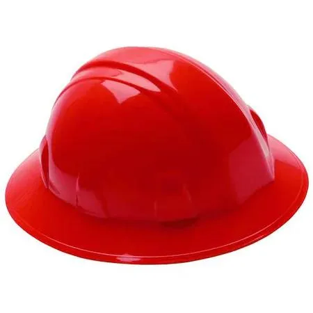 Red full-brim hard hat with ratchet suspension and smooth finish