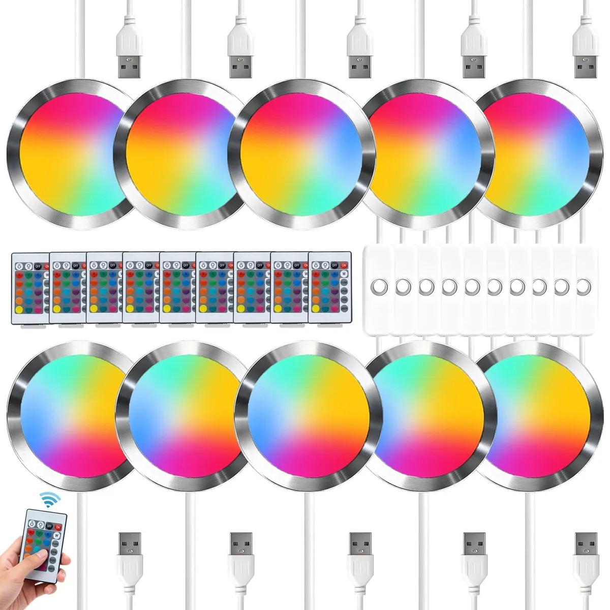 A set of ten small RGB LED modules with a 24-key remote, bamboo and acrylic parts, USB powered