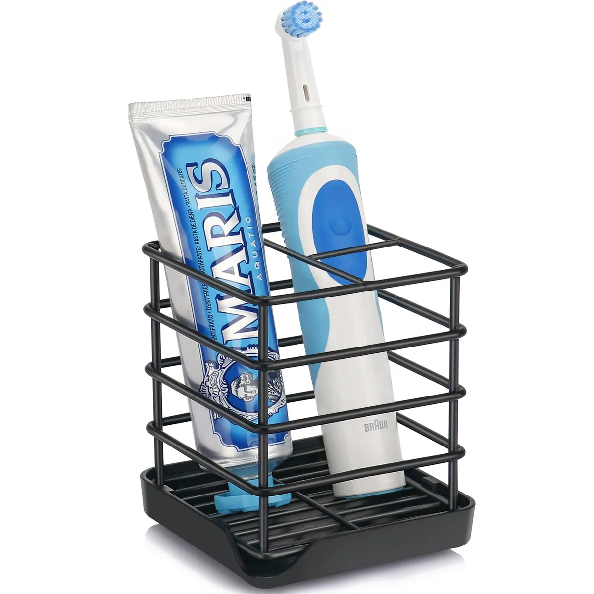 Small square matte-black stainless steel toothbrush holder with drain tray, 3.5 inches wide