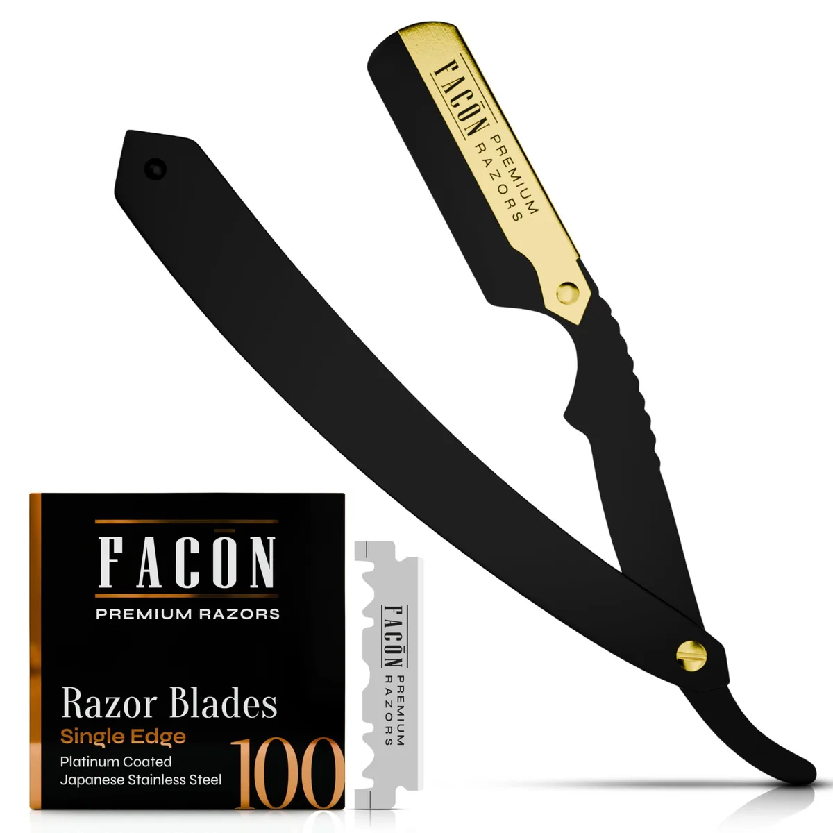 Stainless steel straight razor with black matte finish and swing-lock blade insert
