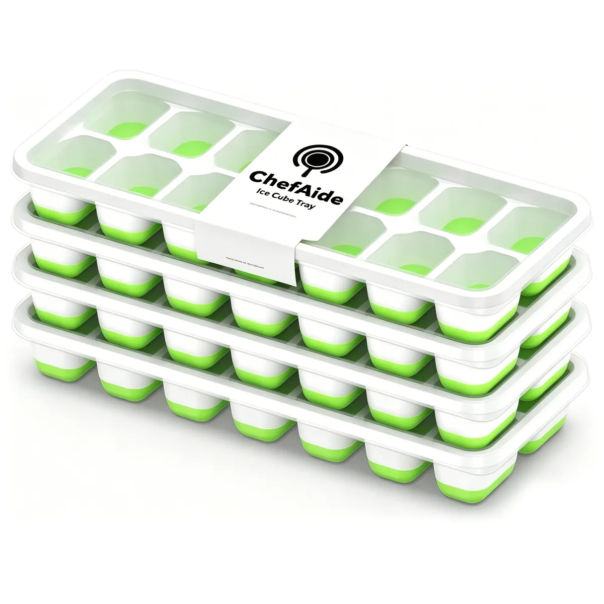 Four black stackable ice cube trays with lids