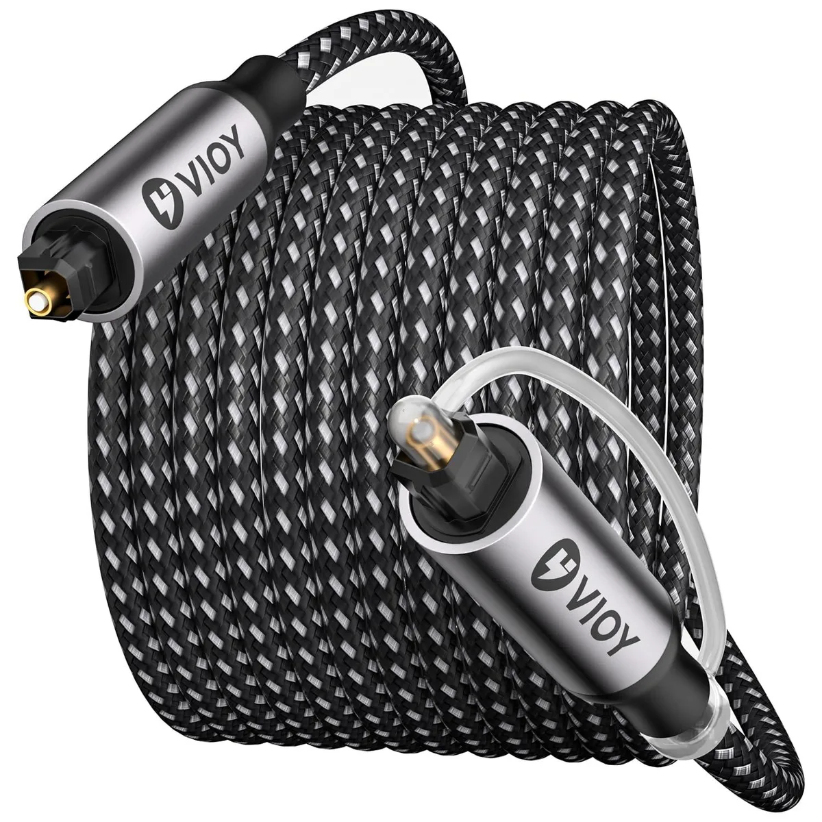 Grey braided Toslink optical audio cable 15 ft with gold-plated connectors