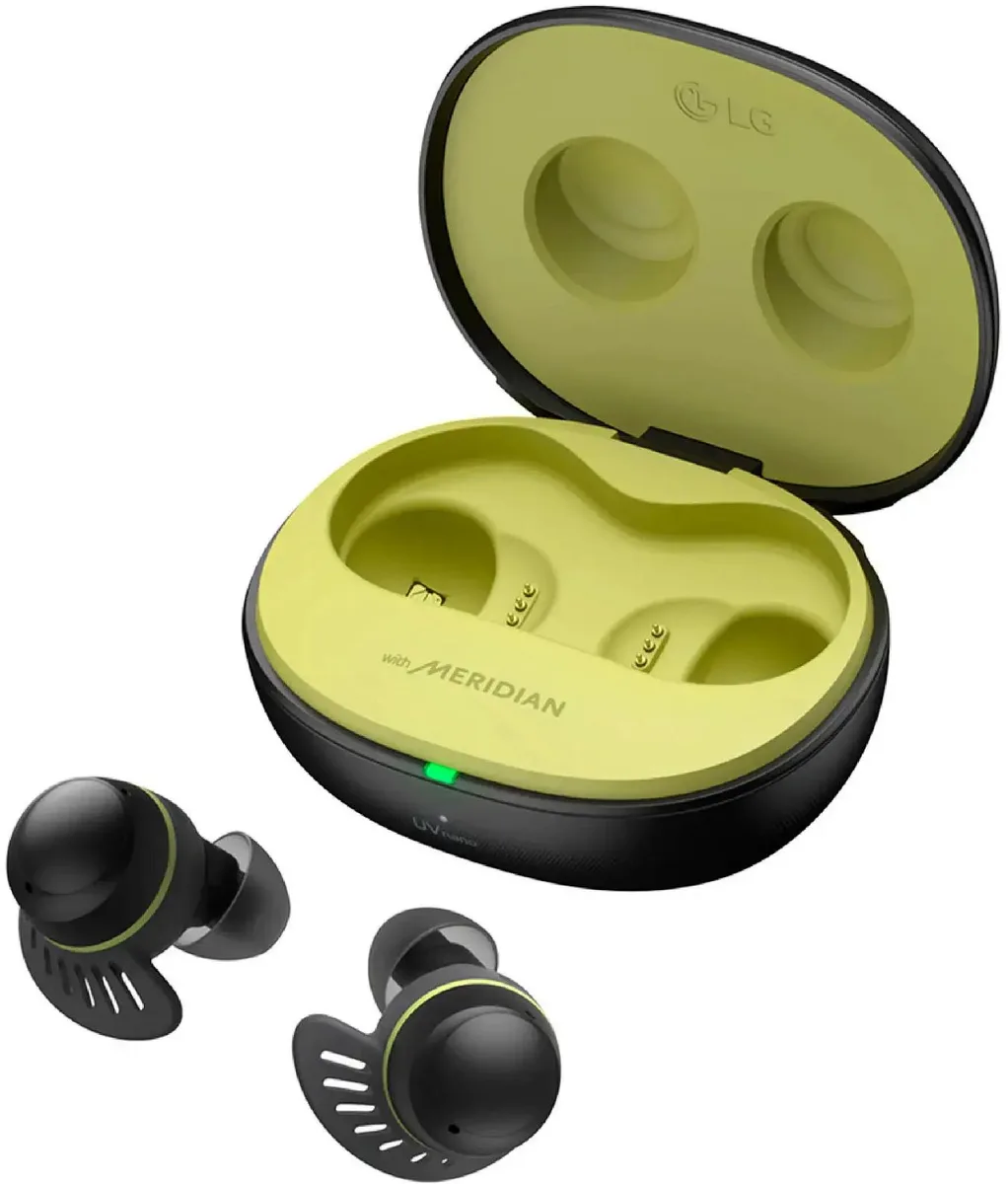 LG Electronics LG TONE Free True Wireless Bluetooth Sports Earbuds TF8 with UVnano Charging Case IP67 Black — product photo