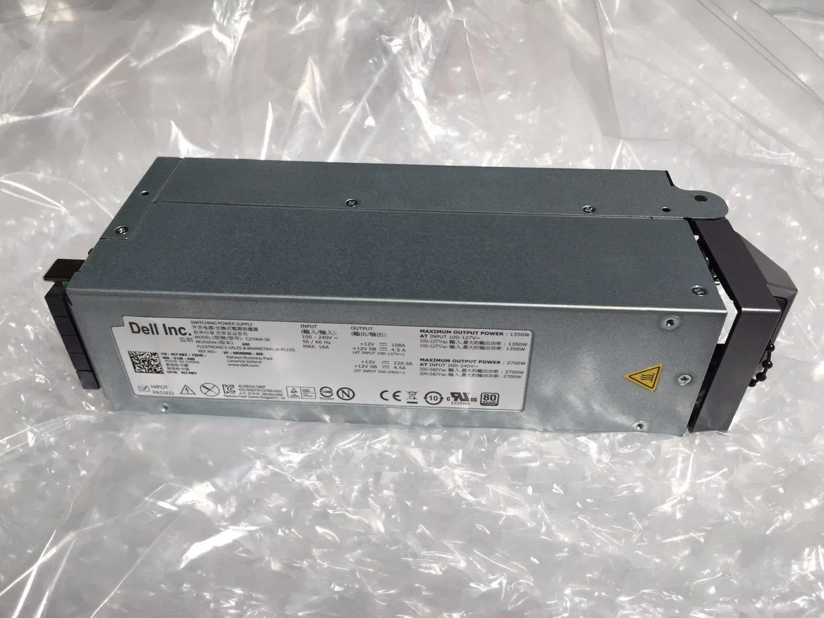 Rectangular black metal Dell PowerEdge M1000e blade PSU with rear vent and handle