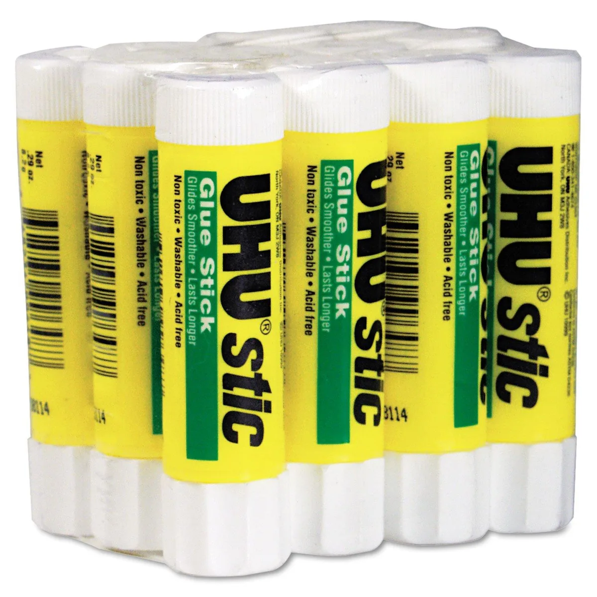 White box containing twelve clear glue sticks in a row