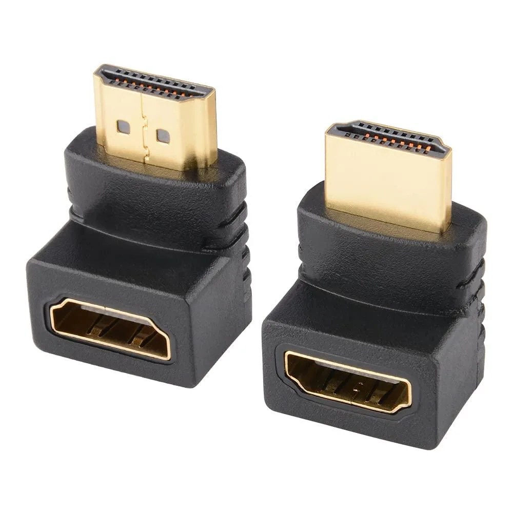 Two black right-angle HDMI adapters, 90 and 270 degree, gold contacts, PVC body