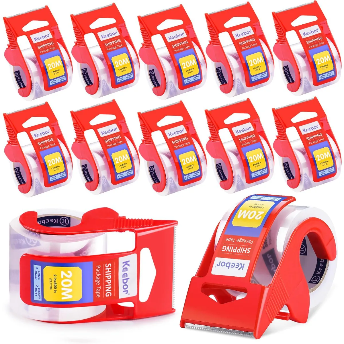 Twelve clear acrylic tape rolls with manual dispensers, 1.5 inch core