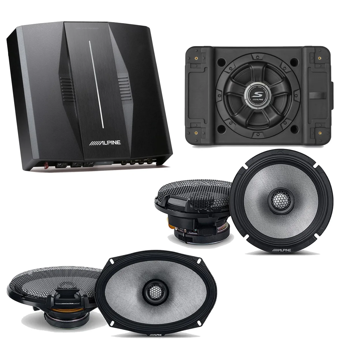 Alpine car audio bundle with amplifier, shallow subwoofer box, and coaxial speakers