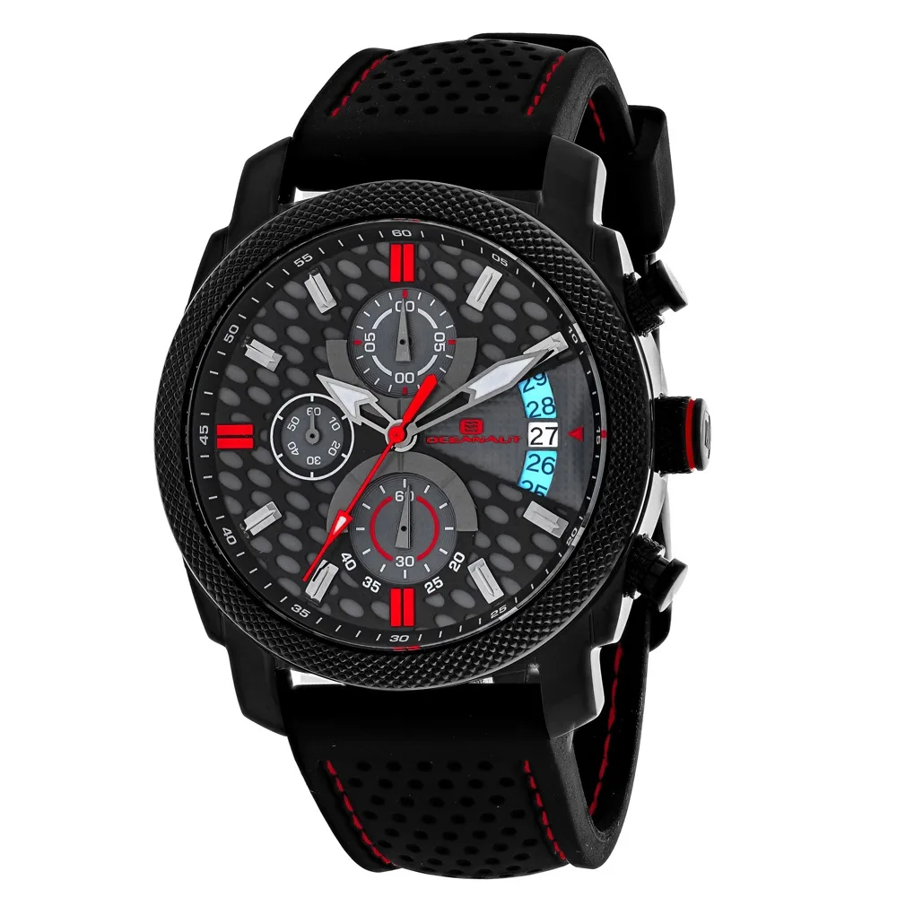 Stainless steel chronograph watch with black rubber strap and grey dial