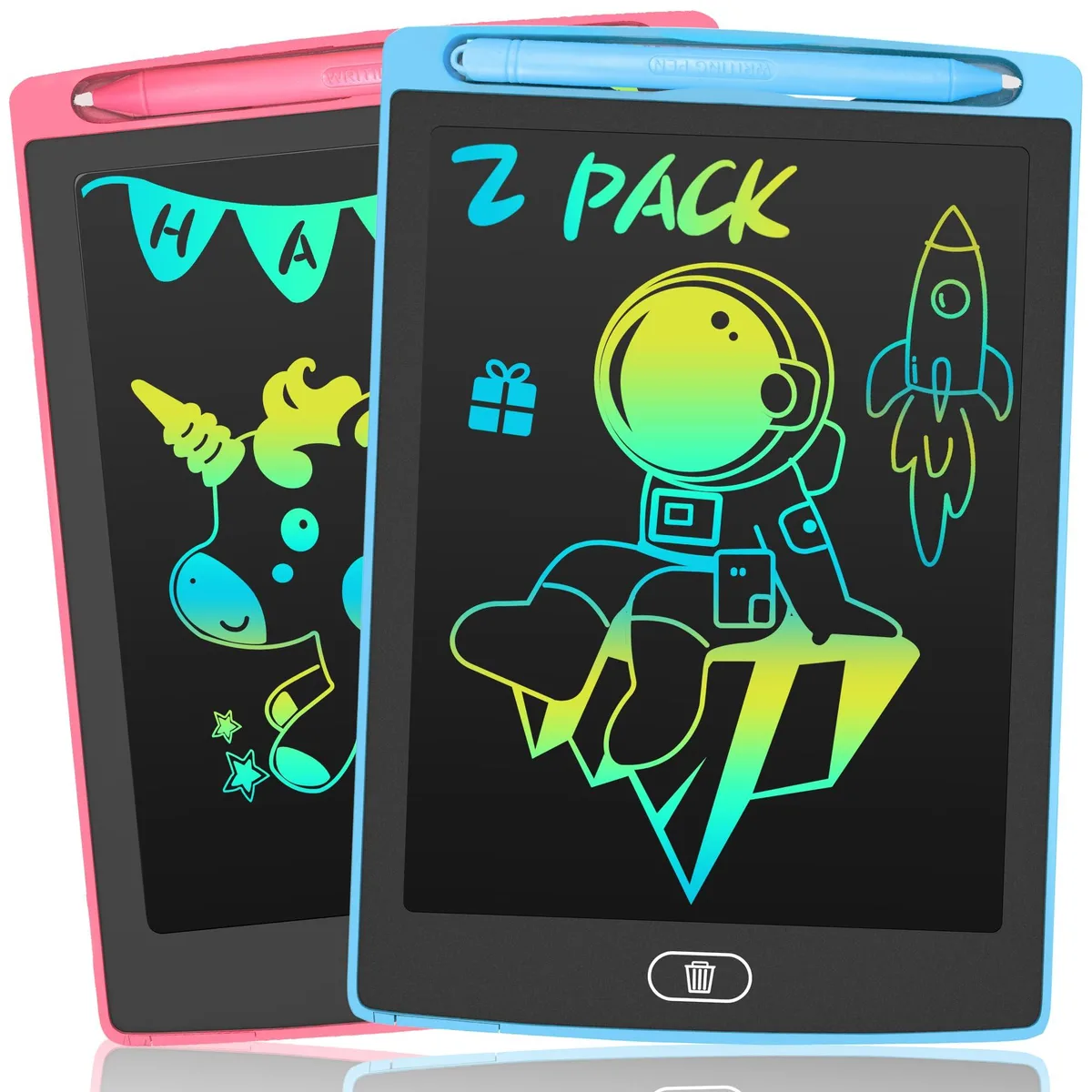 Two rectangular 8.5-inch LCD writing tablets, one blue and one pink, each with a stylus attached