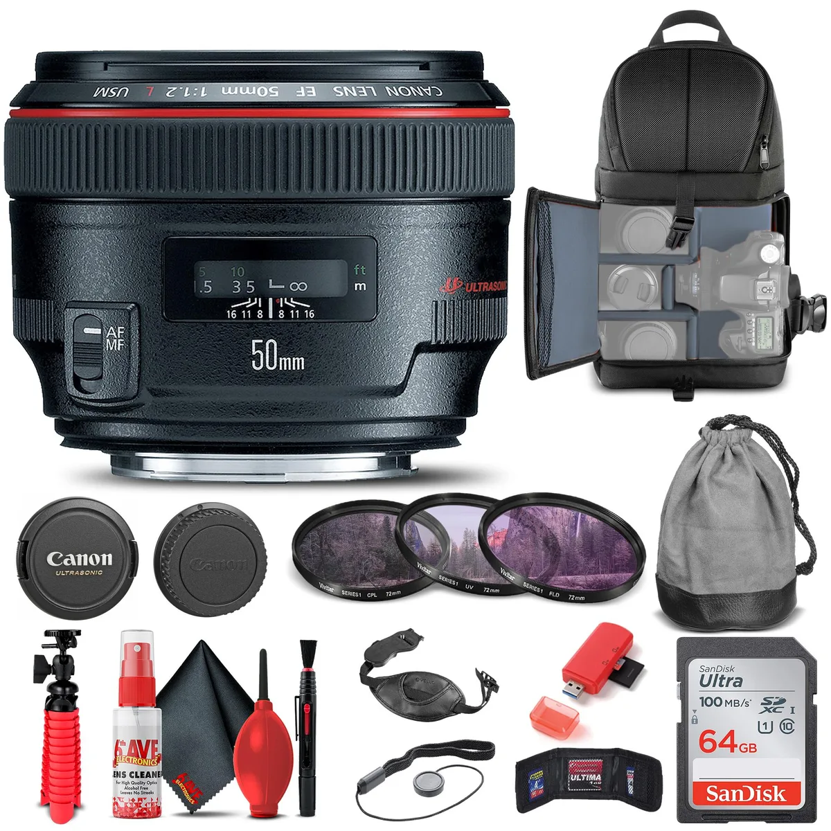 Canon Canon EF 50mm f/1.2L USM Lens Kit with Filter, Backpack, 64GB Card — product photo