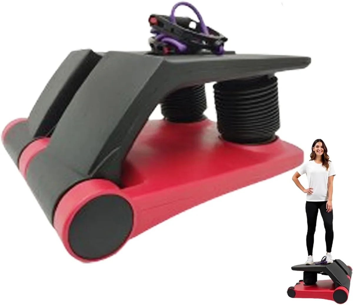 Compact silver mini twist stepper with black non-slip pedals, LCD screen and resistance bands attached