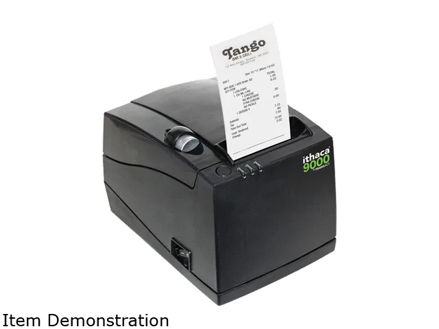 Dark gray desktop thermal receipt printer with USB interface, compact rectangular shape