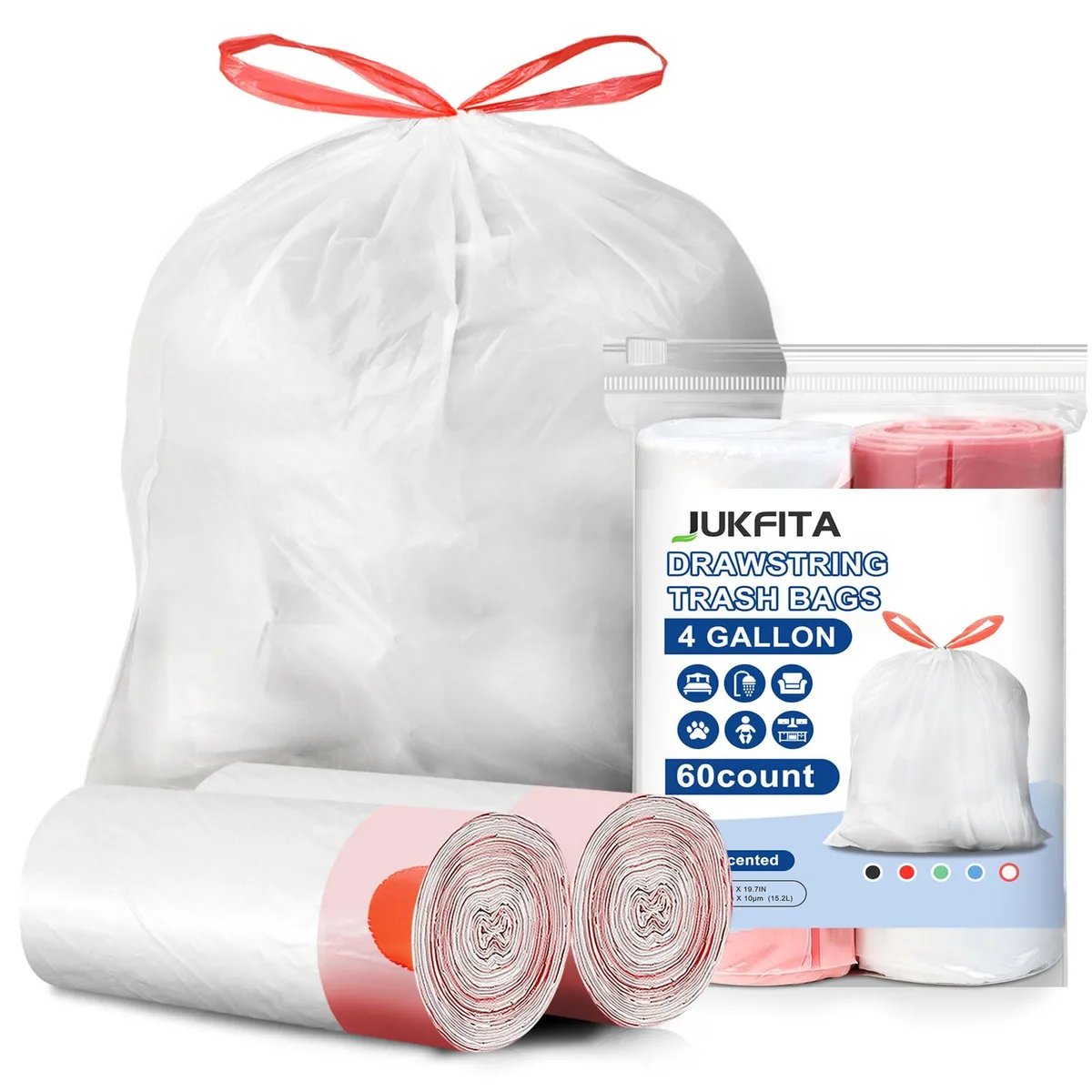Box of 60 beige 4-gallon drawstring trash bags on two rolls