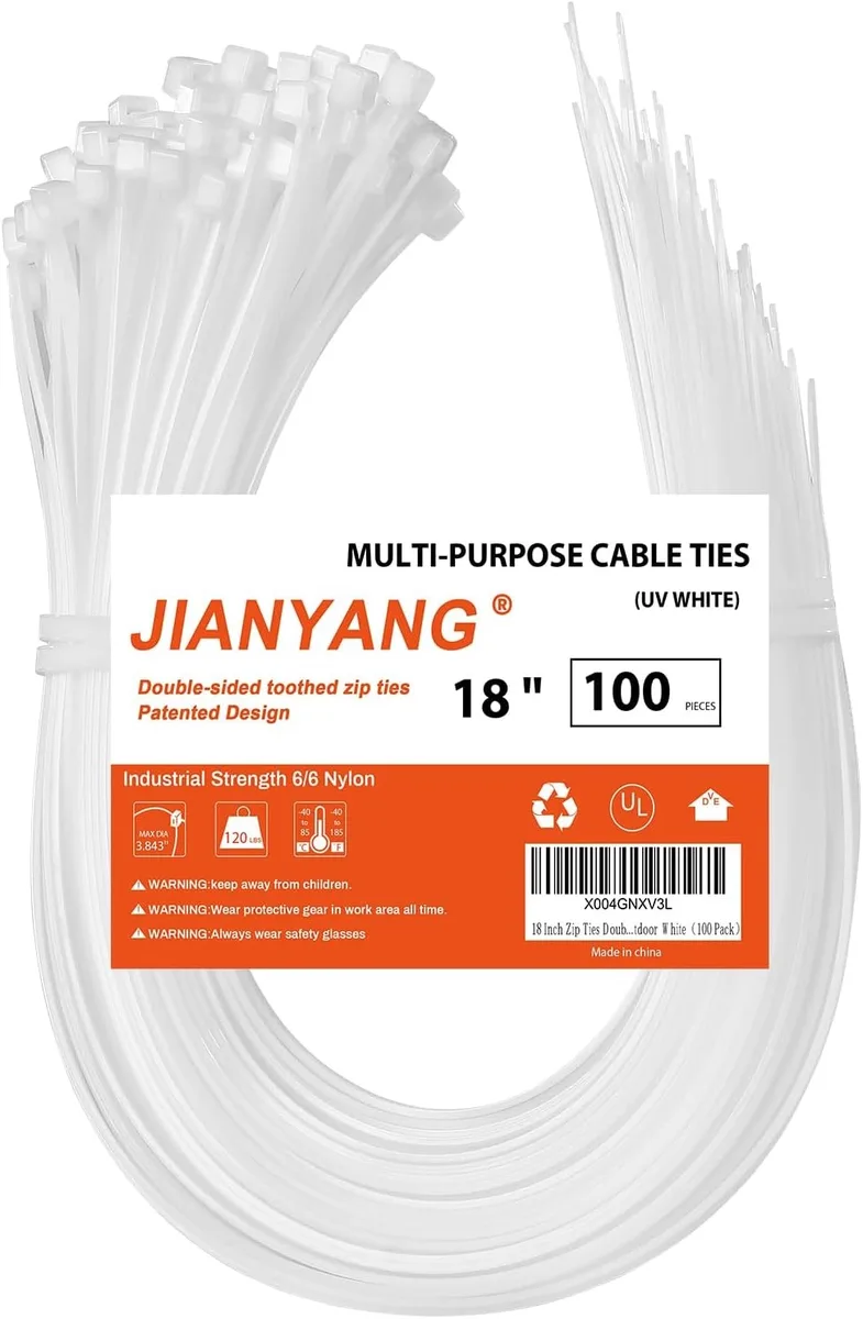 Ennovor Ennovor 18 Inch Double-Sided Toothed Zip Ties 120 LBS 100 Pack White — product photo