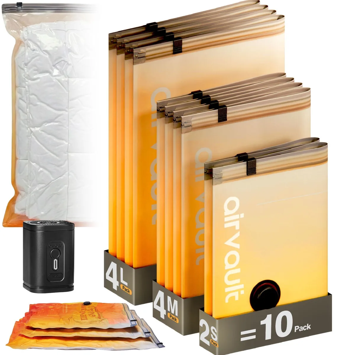 Ten orange vacuum compression bags in three sizes with a compact USB-C electric pump