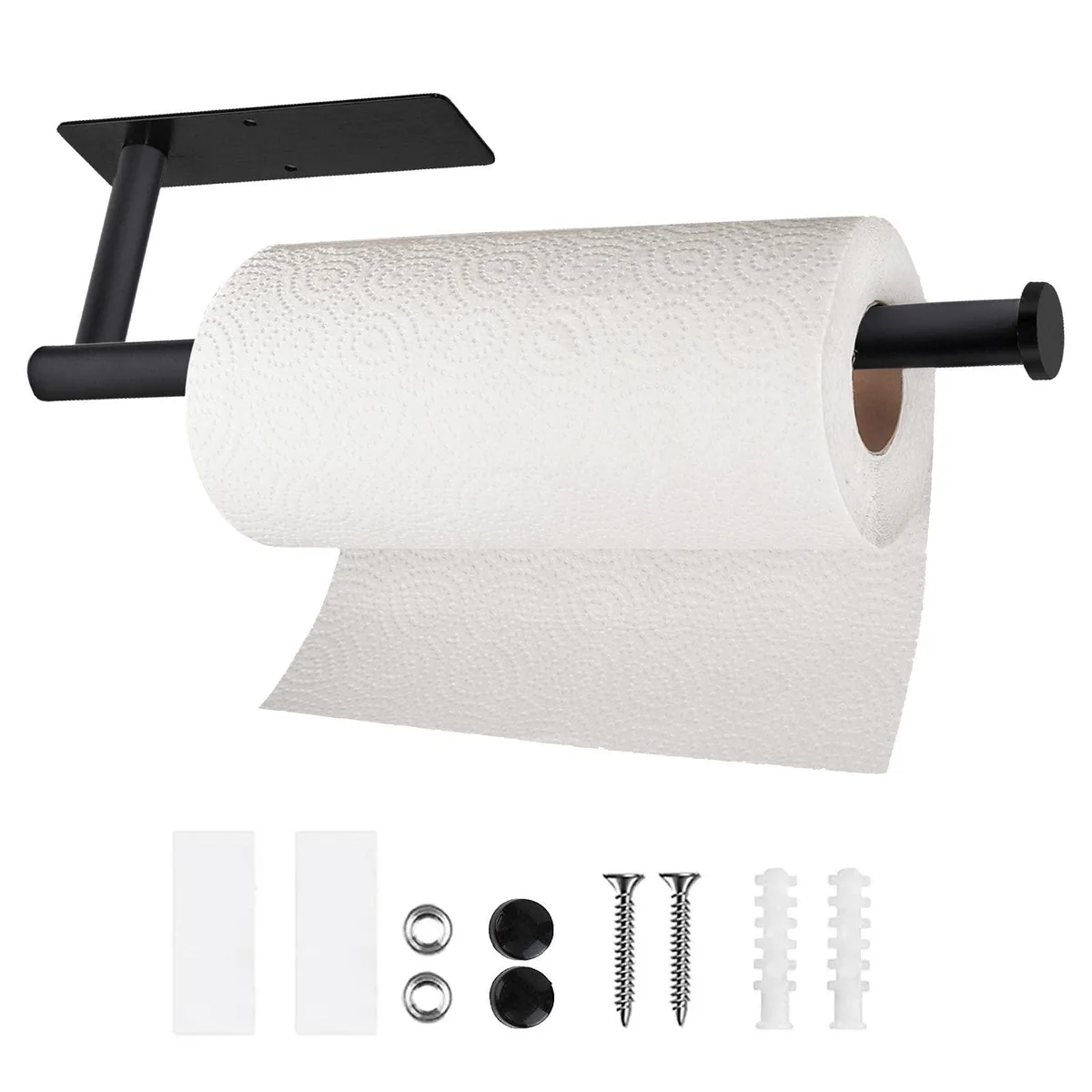 Black stainless steel under-cabinet paper towel holder with 12 inch bar