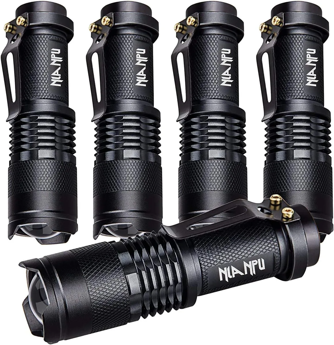 Five small black handheld flashlights with textured grips