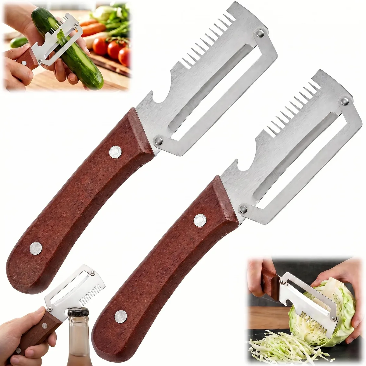 Stainless steel peeler with wooden handle and bottle opener