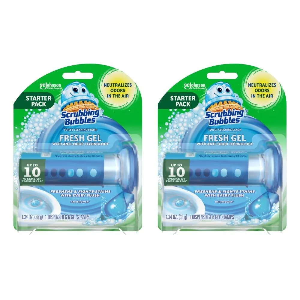 No Sew No Sew Cleaning Kit Scrubbing Bubbles Fresh Gel Stamps Rainshower Scent 12 Days 1 Dispenser 6 Stamps Pack of 2 — product photo