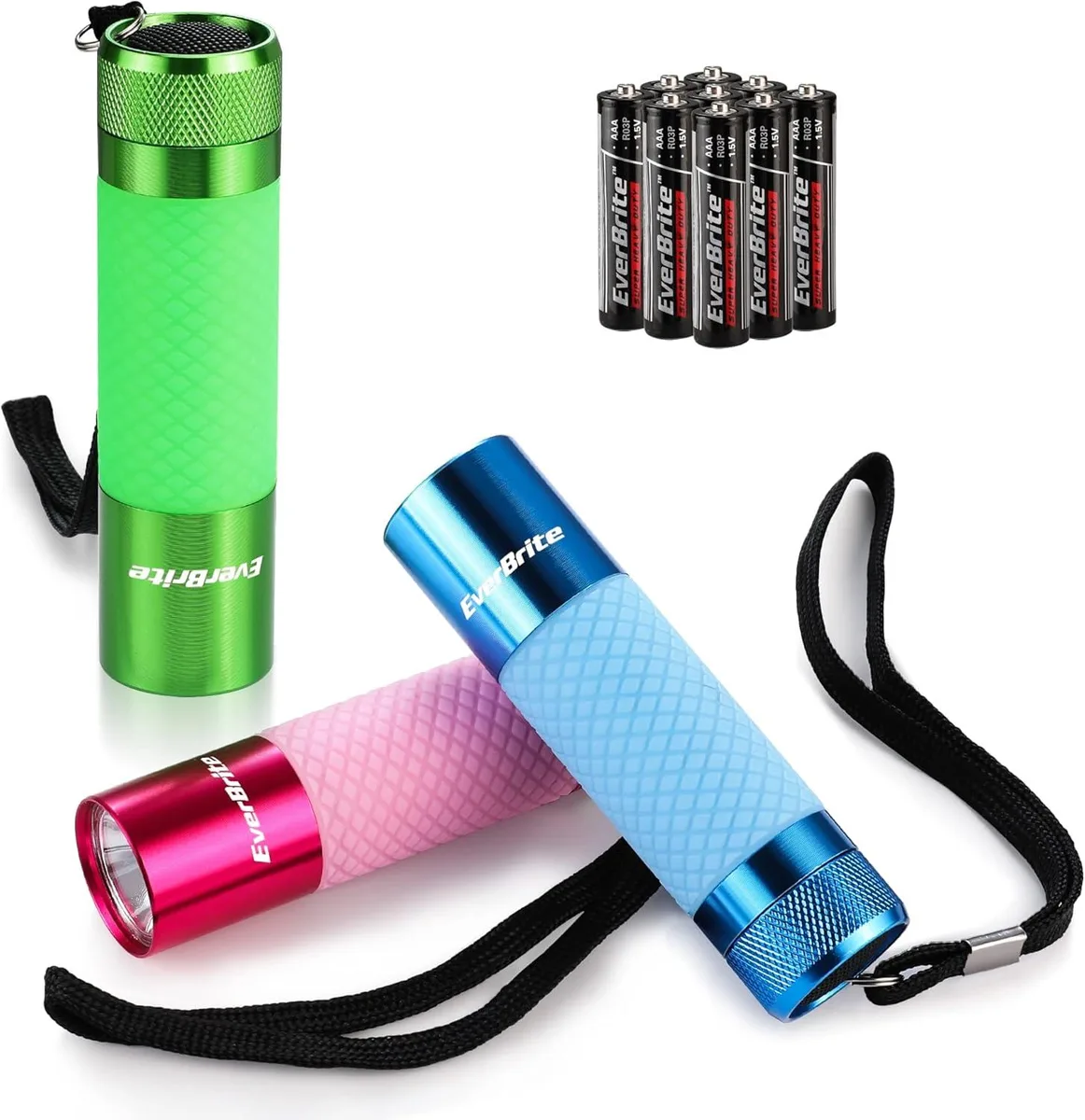 Three small aluminium flashlights in blue, green and pink with glow handles and lanyards