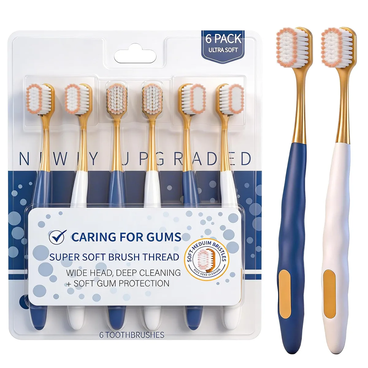 Six white manual toothbrushes with wide heads and ergonomic flat handles