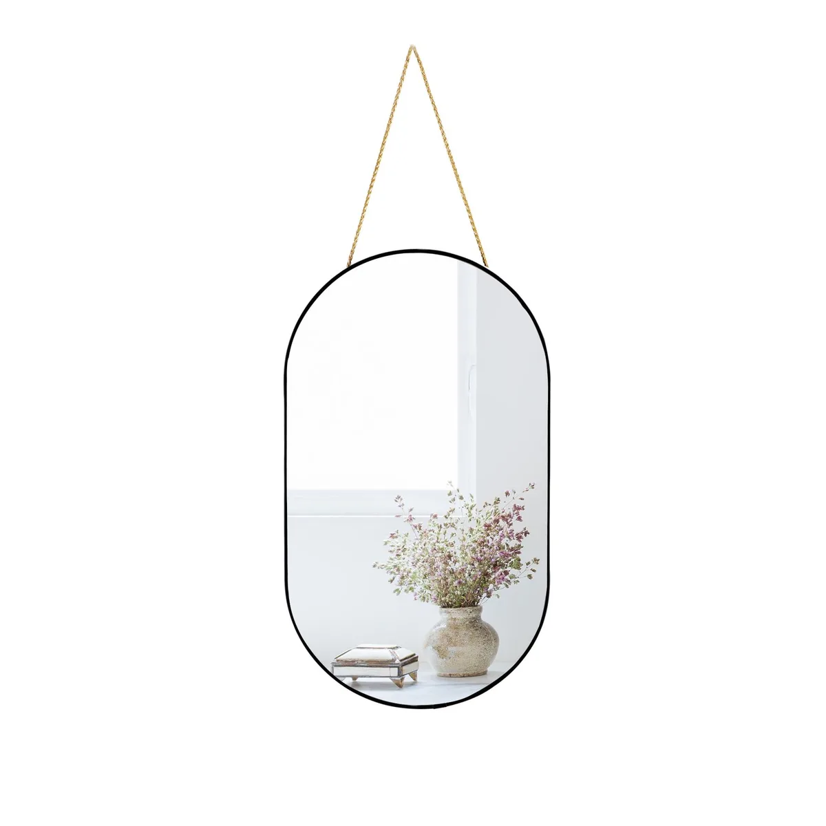 Black oval mirror with polished plastic frame 16 by 9.2 inches