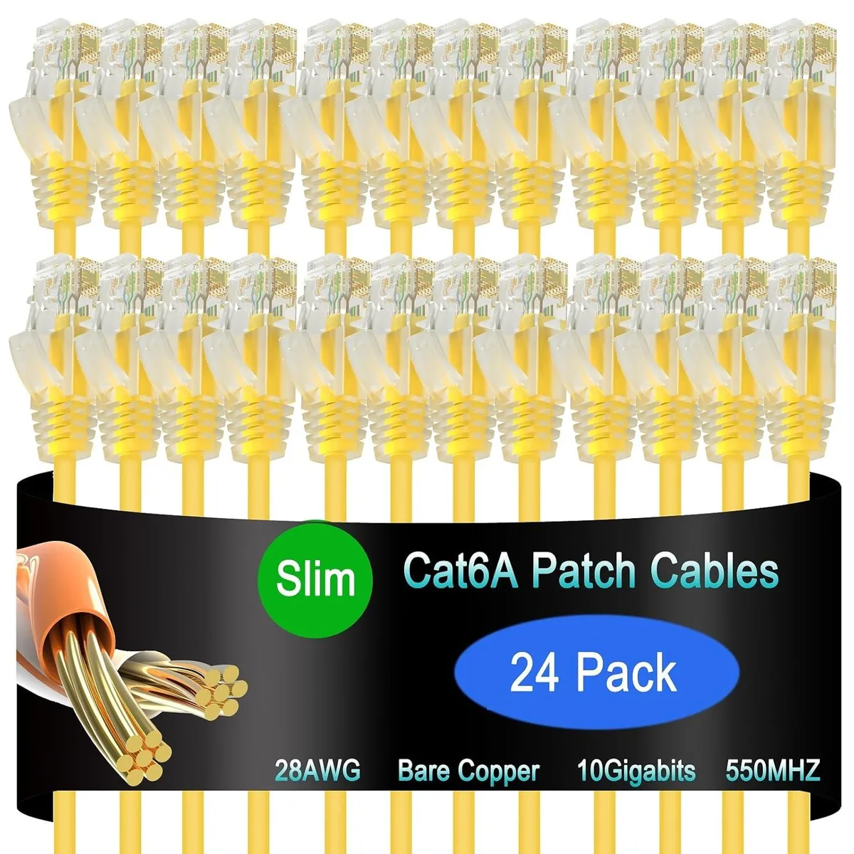 BFKK BFKK Cat6a Slim Ethernet Patch Cable 1.5 ft 24 Pack Yellow — product photo