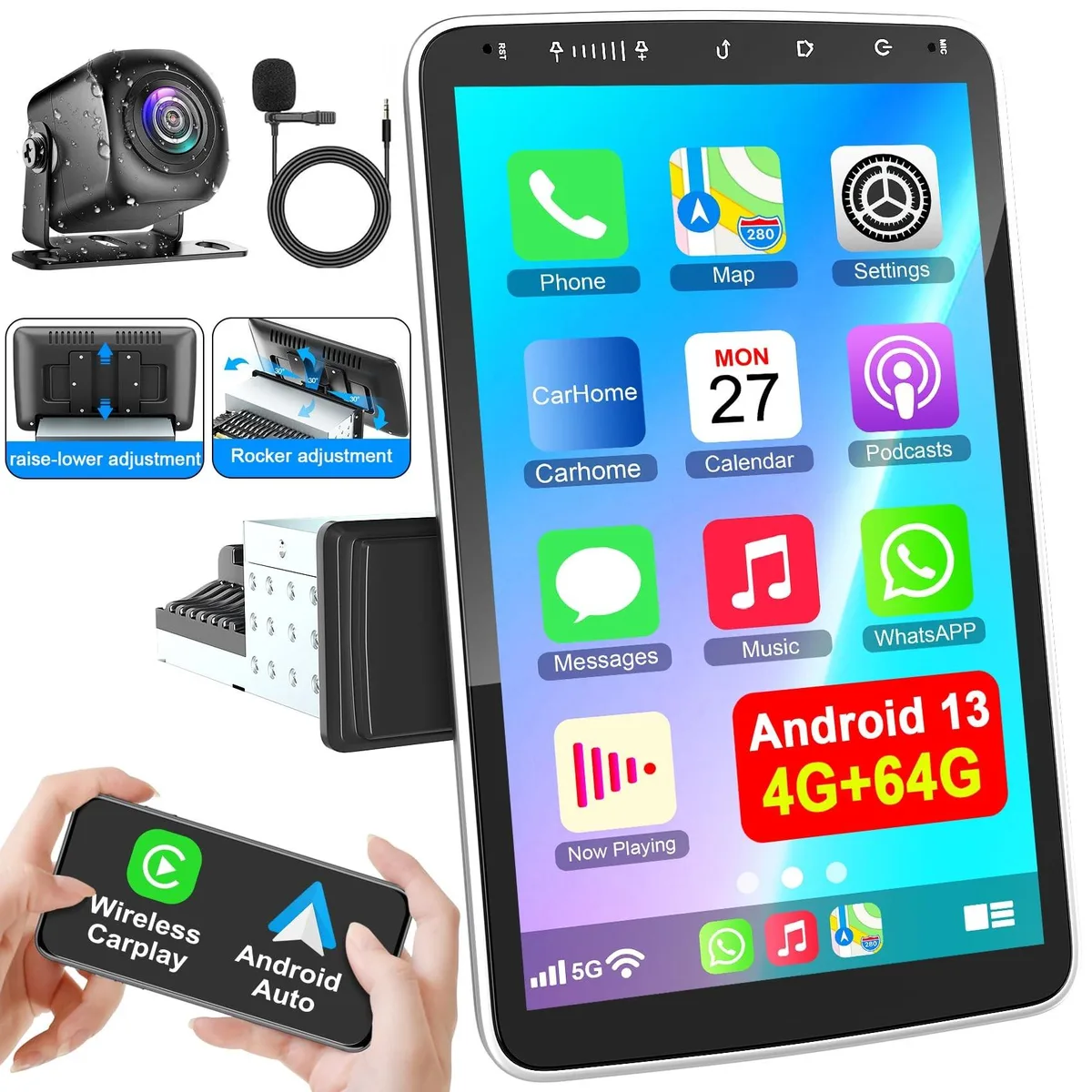 Alphacool 10 inch rotatable Android 13 car stereo touchscreen