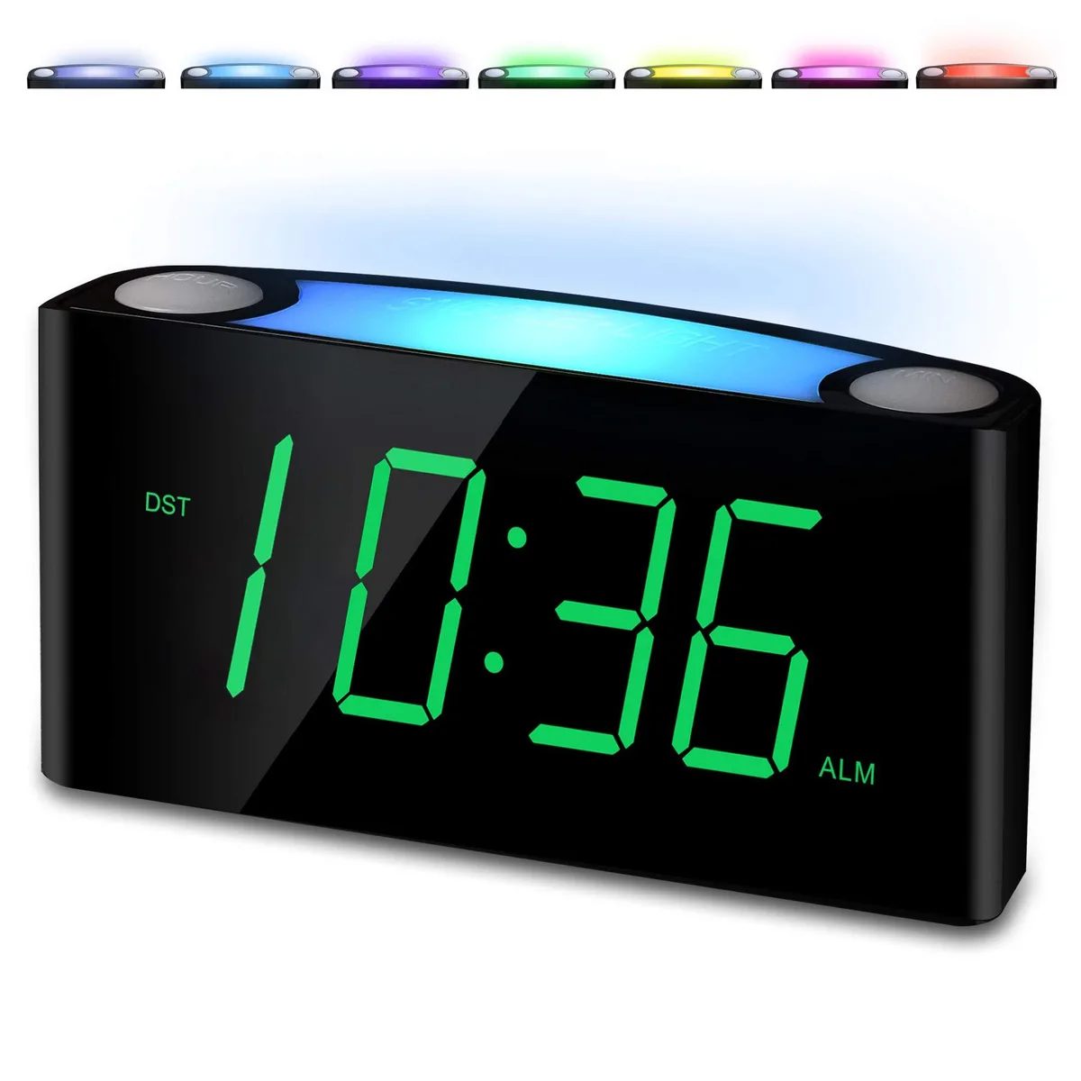 Rectangular green LED digital clock with large display, dimmer controls, and USB ports