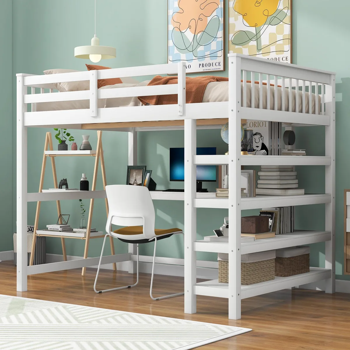 White pine loft bed with integrated desk and storage shelves underneath