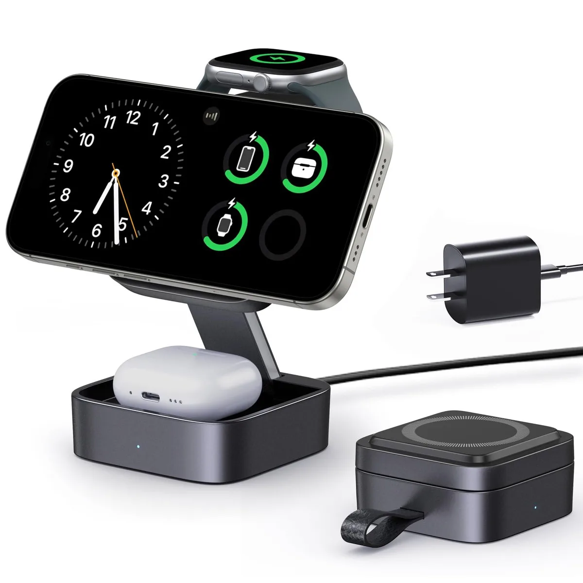 Black foldable 3-in-1 wireless charger with MagSafe phone stand, Apple Watch puck and AirPods base