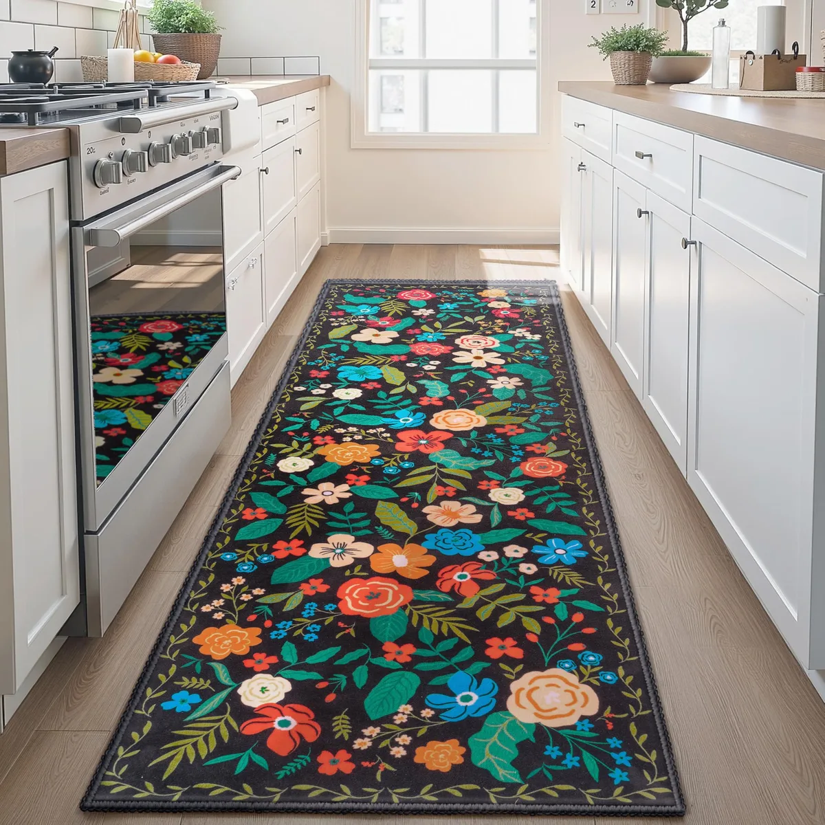 Black runner rug with boho floral pattern, rubber backing