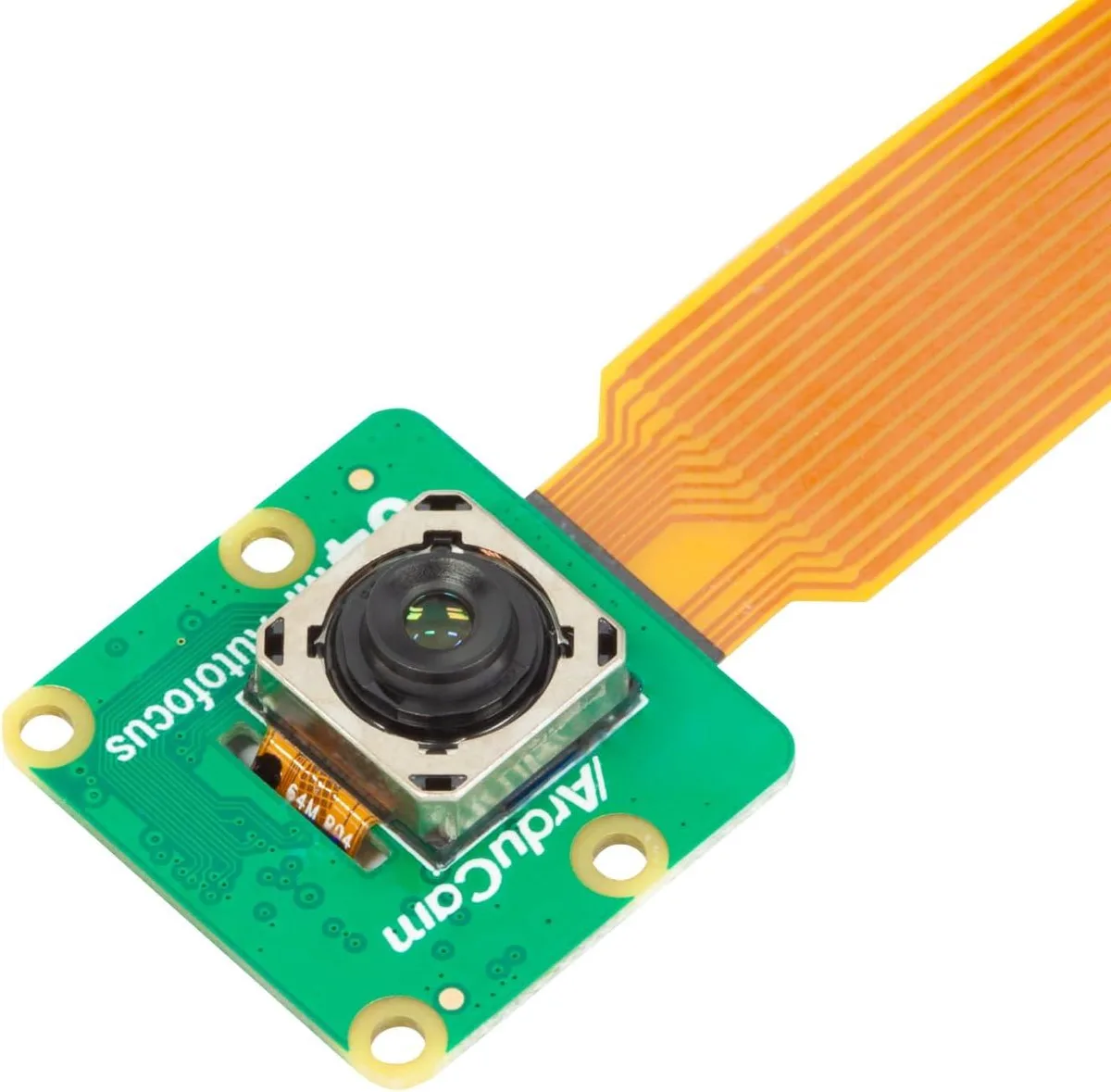 Small green circuit board camera module with gold connector and lens assembly