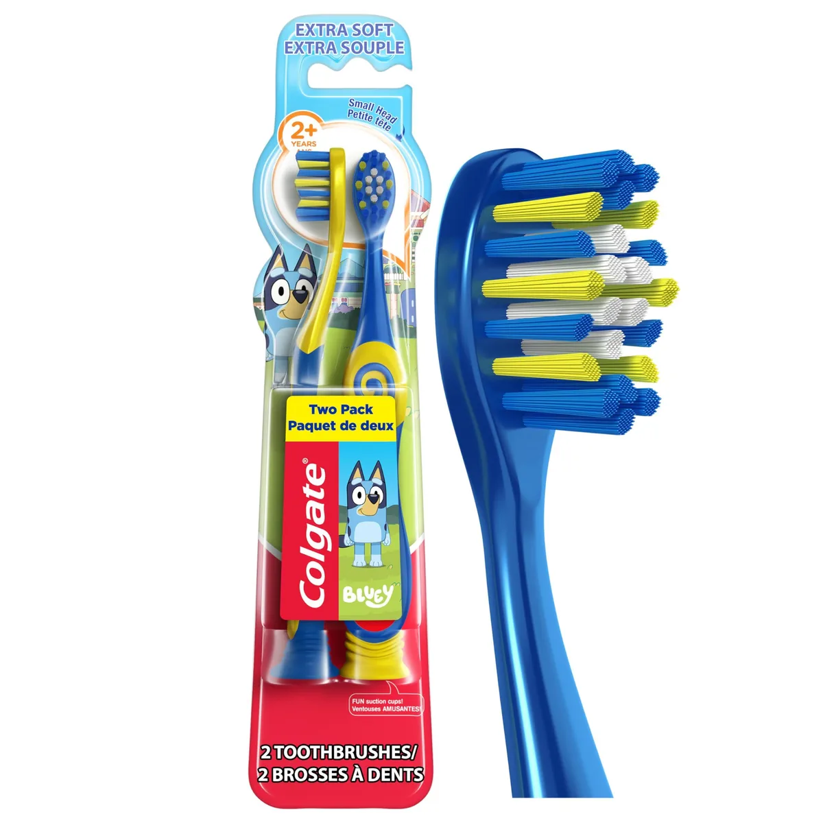 Two white kids toothbrushes with suction cup holders in blue Bluey packaging