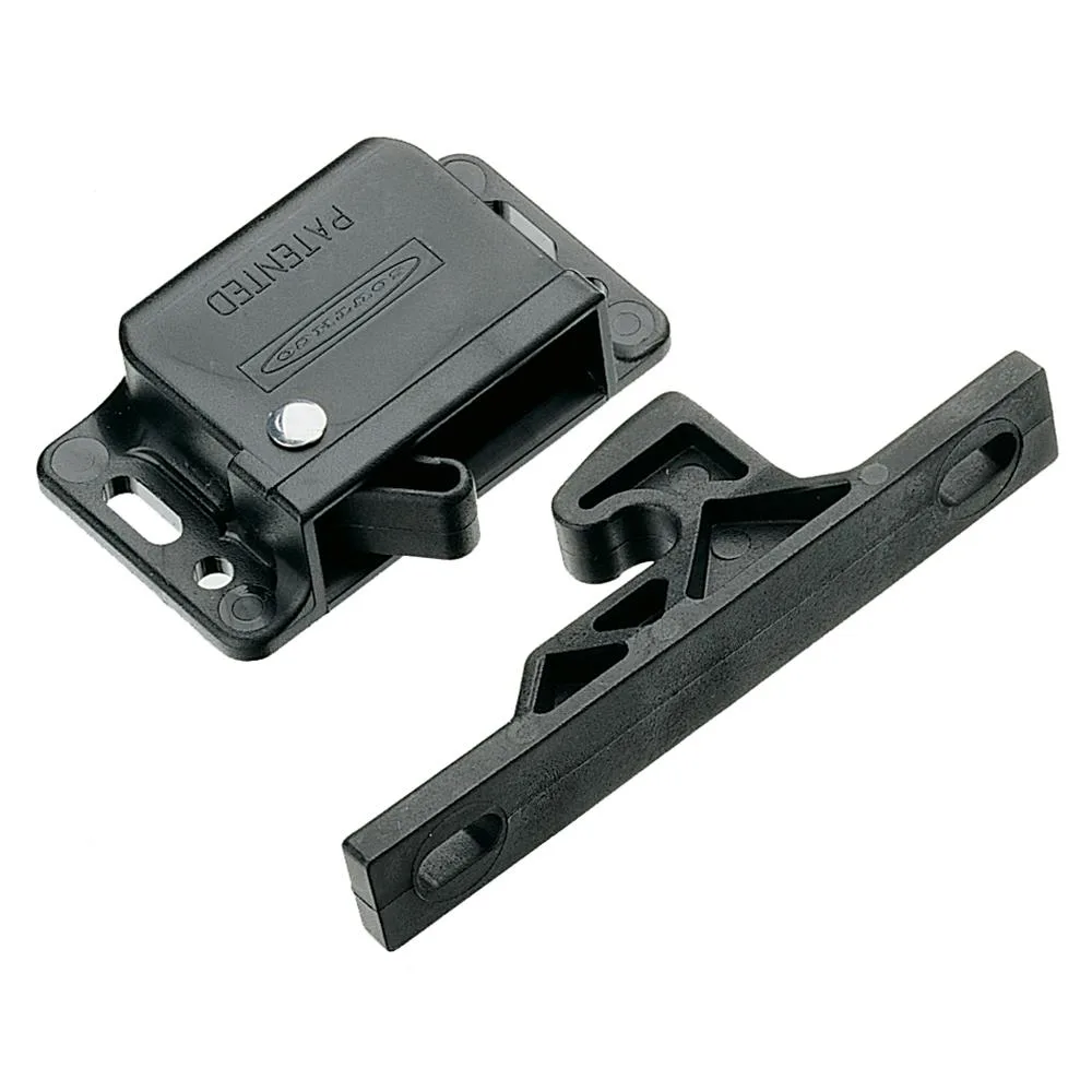 Black plastic side-mount grabber catch latch with keeper, spring-loaded over-center action