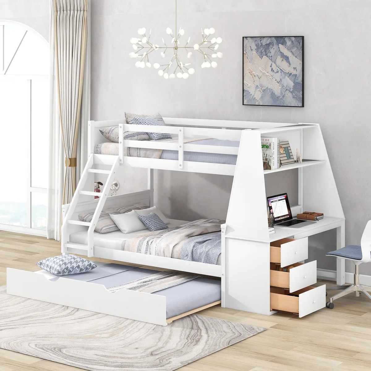 tuphen tuphen Twin over Full Bunk Bed with Trundle, Desk, Drawers, White — product photo