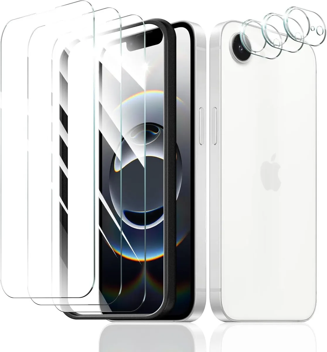 Clear tempered glass screen and lens protectors in a multi-pack with alignment frame