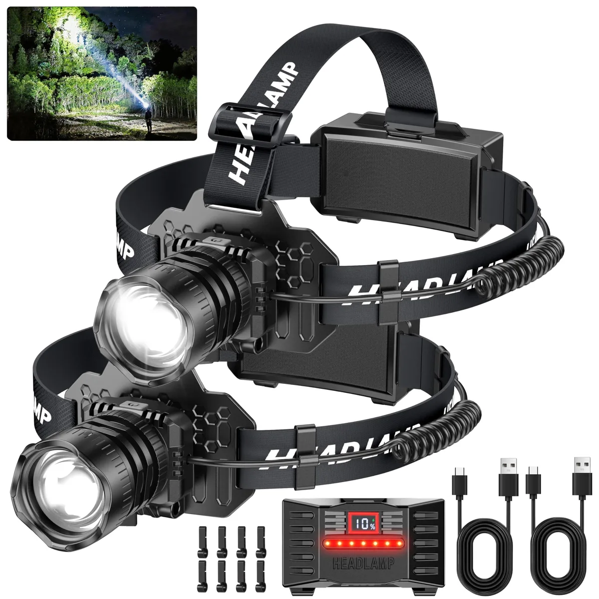 Two black rechargeable LED headlamps with adjustable straps and motion sensors