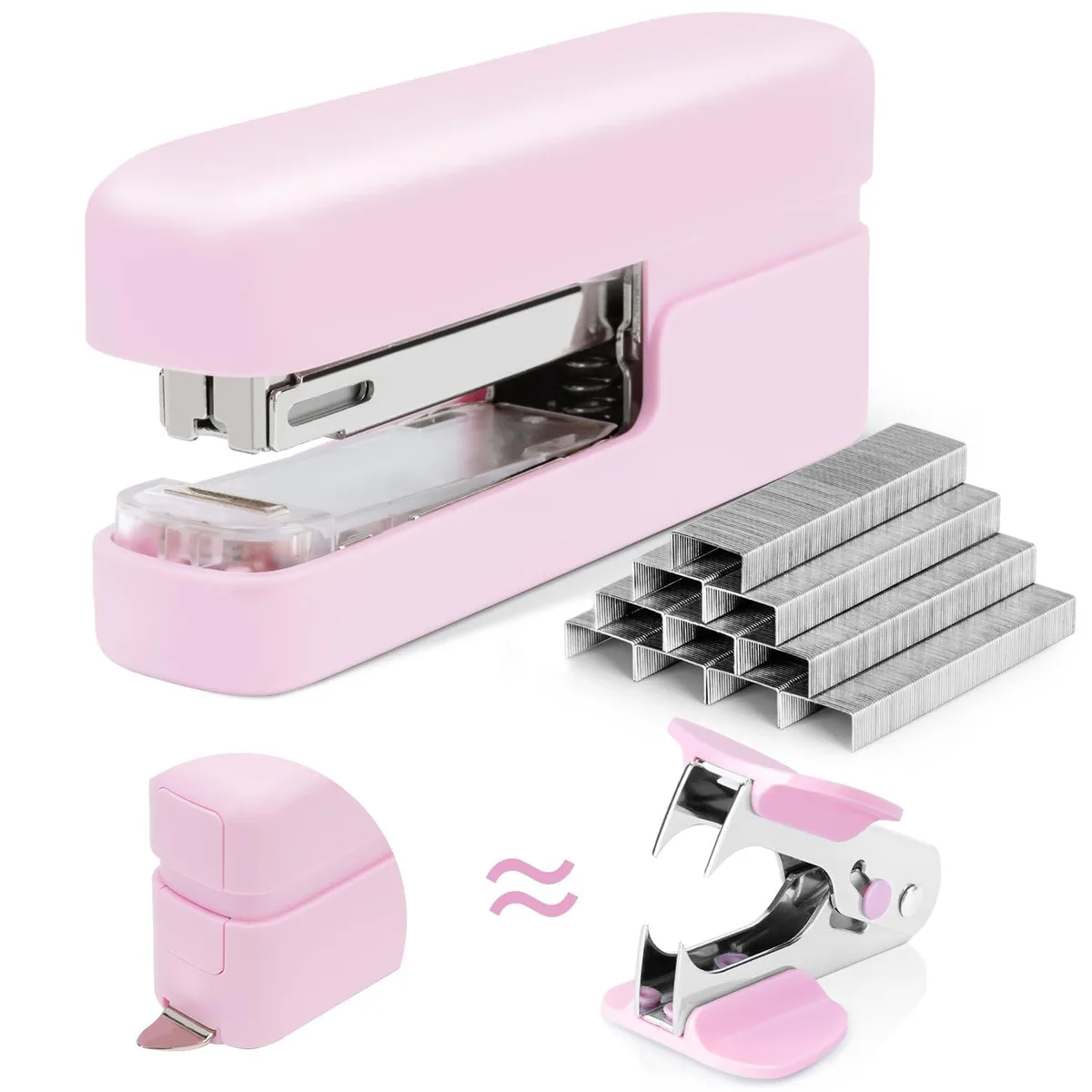 Pink desktop stapler with integrated remover and curved ABS body