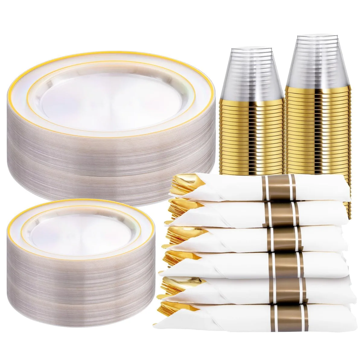 Clear gold plastic dinnerware set for 30 guests with plates, cutlery, cups and napkins